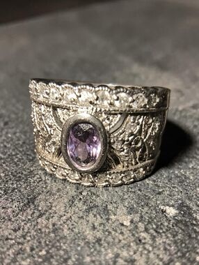 Amethyst And Clear Gemstone Wide Band Filigree Ring